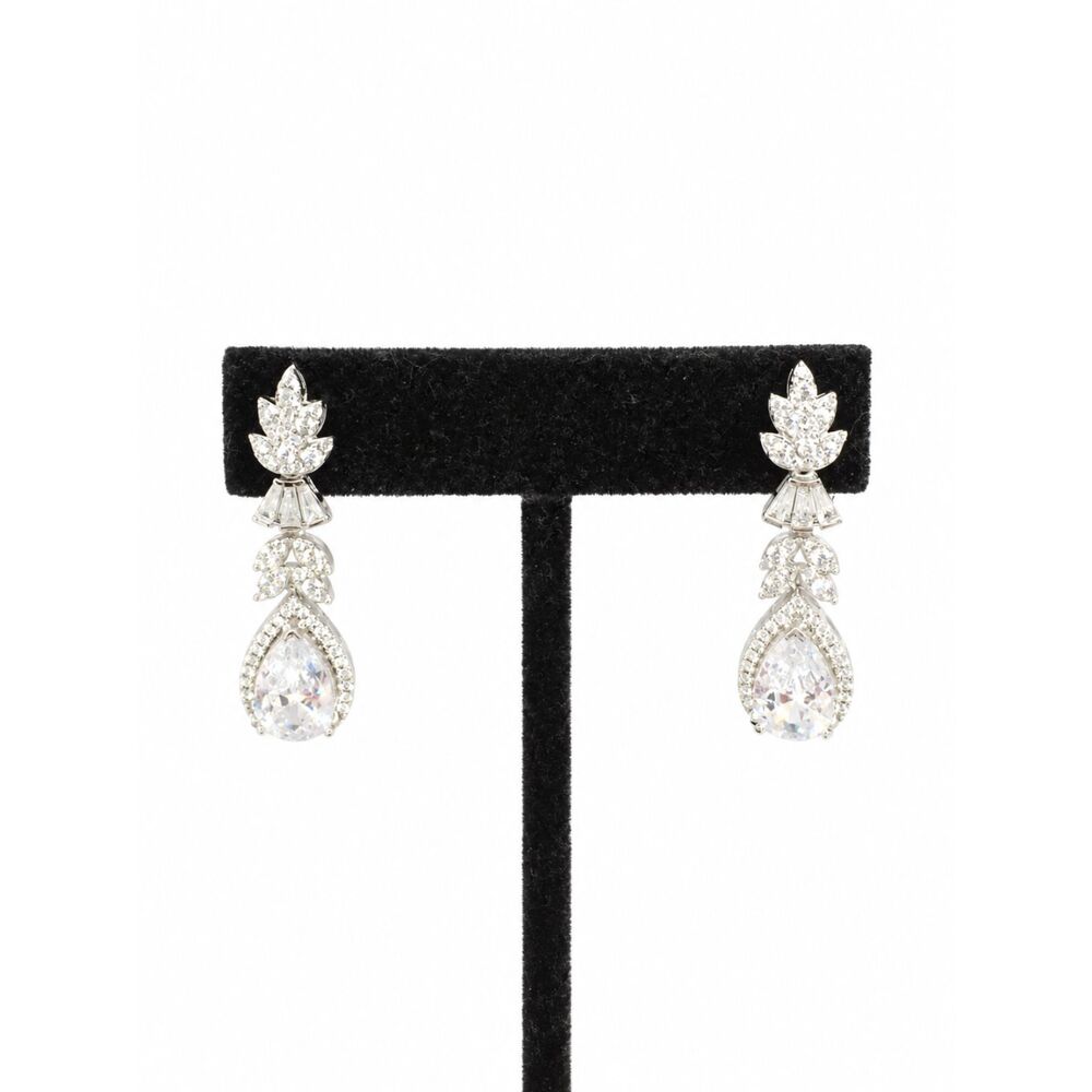 Rhinestone Earrings Silver Tone Dangle Teardrop CZ Wedding Glam Party Bridal
